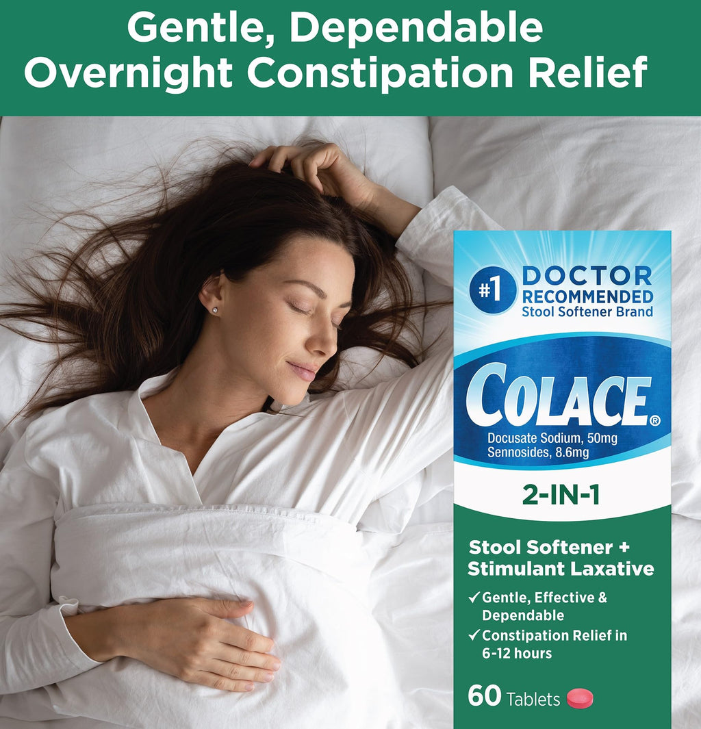 Colace 2-in-1 Stool Softener Plus Stimulant Laxative Tablets, 60 Count (Pack of 1), Gentle Constipation Relief, Docusate Sodium Plus Sennosides