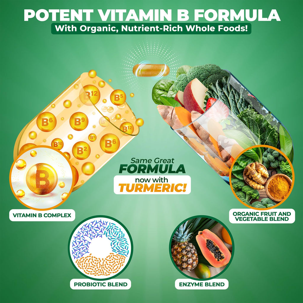 MoxyVites Vitamin B Complex - B Vitamins Whole Food Supplement, B12 Methylcobalamin, B1, B2, B3, B5, B6, B7, B9 - for Stress, Energy and Immune Support, Vegan, 120 Capsules