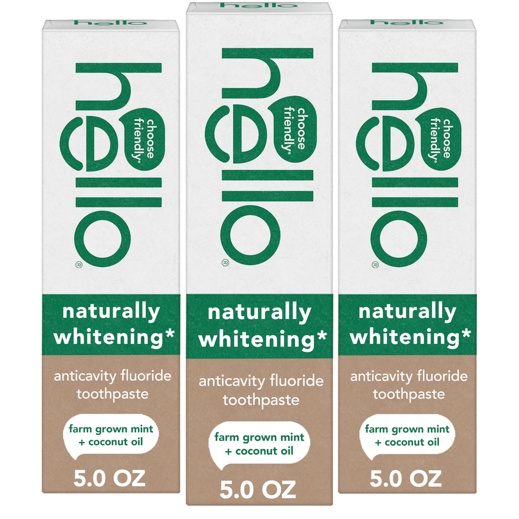 Hello Naturally Whitening Anticavity Fluoride Toothpaste, 5 Oz Tube, Natural Whitening Toothpaste with Coconut Oil, Whitens Naturally and Helps Remove Surface Stains, SLS Free, Vegan, Mint, 3 Pack