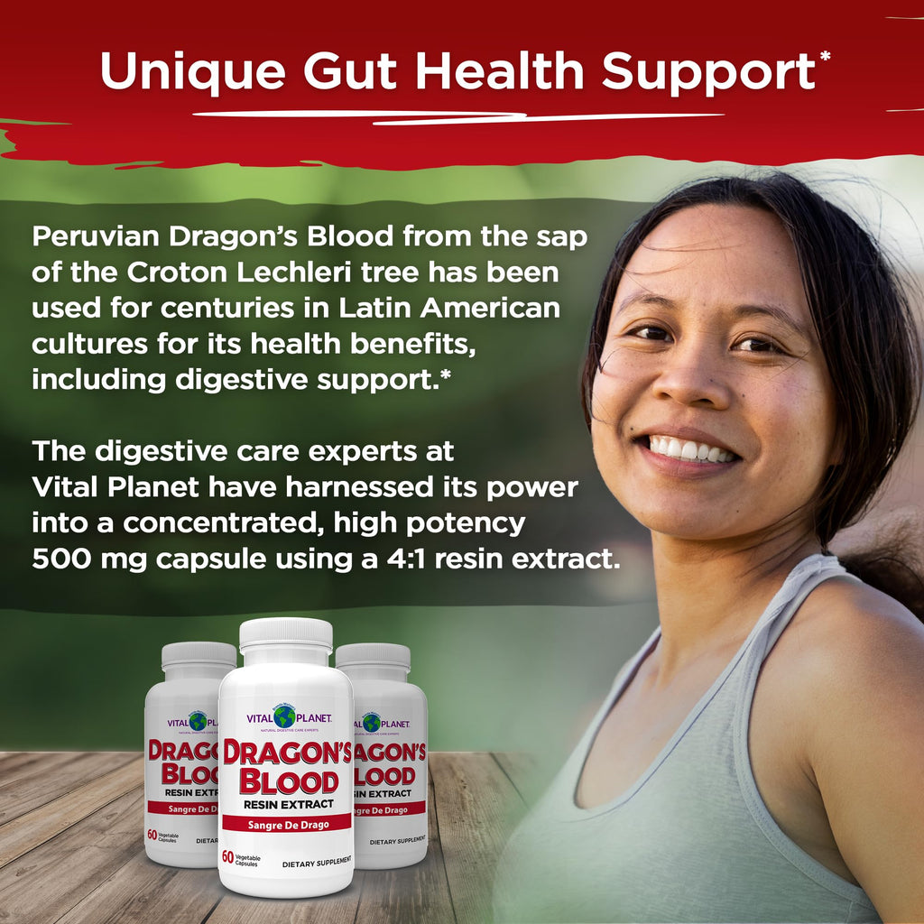 Vital Planet - Dragon's Blood Resin Extract Croton Lechleri Sangre de Drago (Sangre de Grado) Digestive Health Supplement Sustainably Sourced from Amazon Rainforest of Peru, 500mg 60 Capsules