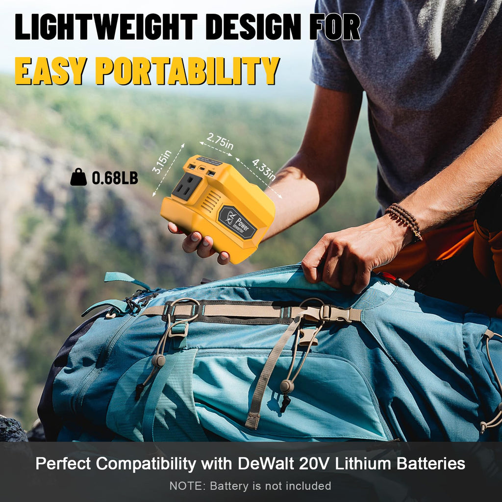 220W Azocek Power Inverter Compatible with Dewalt 20V Battery (Battery not Included), DC 20V to AC 110V, 2 USB Ports & 1 Type-C Fast Charging, 400LM LED Work Light (2-Pack)