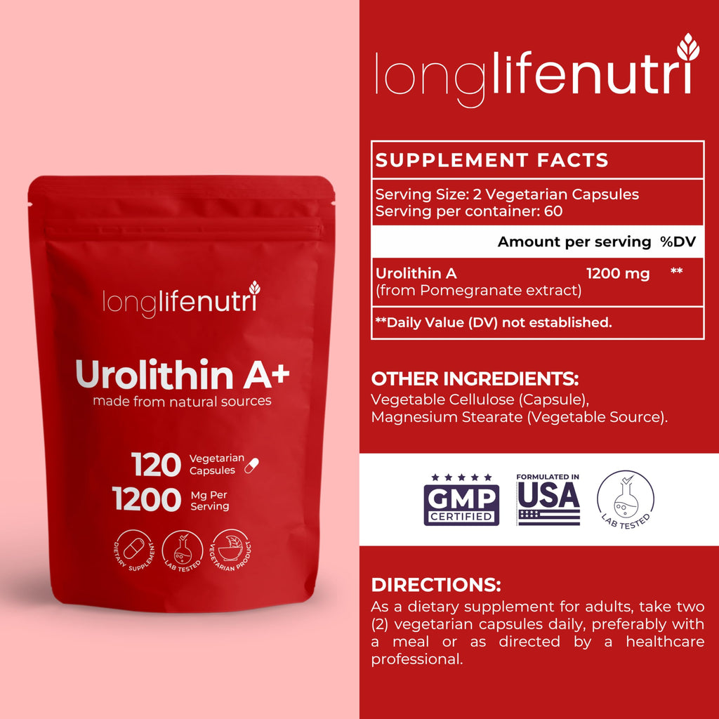 Urolithin A 1200mg - 120 Vegetarian Capsules of Pure Pomegranate-Derived Postbiotic, Third-Party Tested, GMP Certified, No Fillers, Vegan