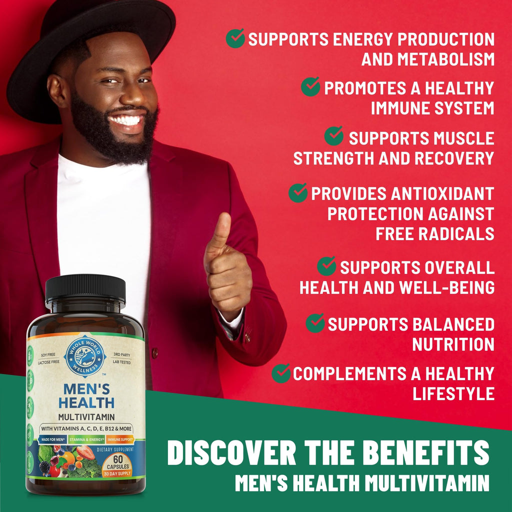 Whole World Wellness Mens Daily Multivitamin Multimineral Supplement for Energy, Focus, Stamina & Performance. Made for Men with 30+ Nutrients, Fruit & Energy Blend. Mens Vitamins, Made in The USA.