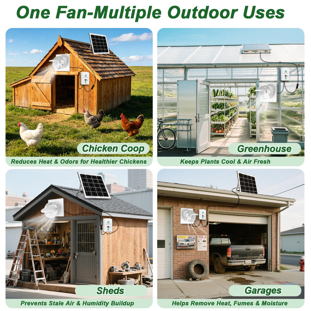 SHENVITASO Solar Powered Exhaust Fan Kit, 25W 8" Ventilation Fan with Battery Backup, Up to 9‑Hour Runtime, 430CFM, IP44 Waterproof, for Chicken Coop, Greenhouse, Shed, Attic, RV