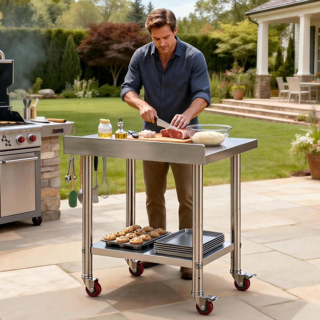 DWVO 36x24in Stainless Steel Table, NSF Metal Prep Worktable with Backsplash & Wheels for Kitchen Restaurant Hotel Garage Warehouse Home