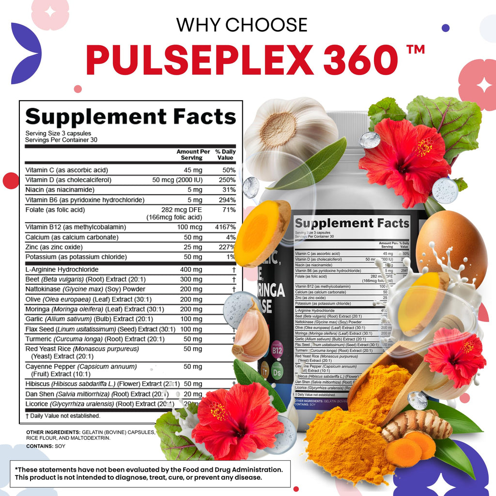 Clean Nutraceuticals Beet Root Capsules Olive Leaf Nattokinase Garlic Extract L-Arginine Omega 3 Red Yeast Rice Hibiscus Danshen - Healthy Support Supplement - 90 Ct