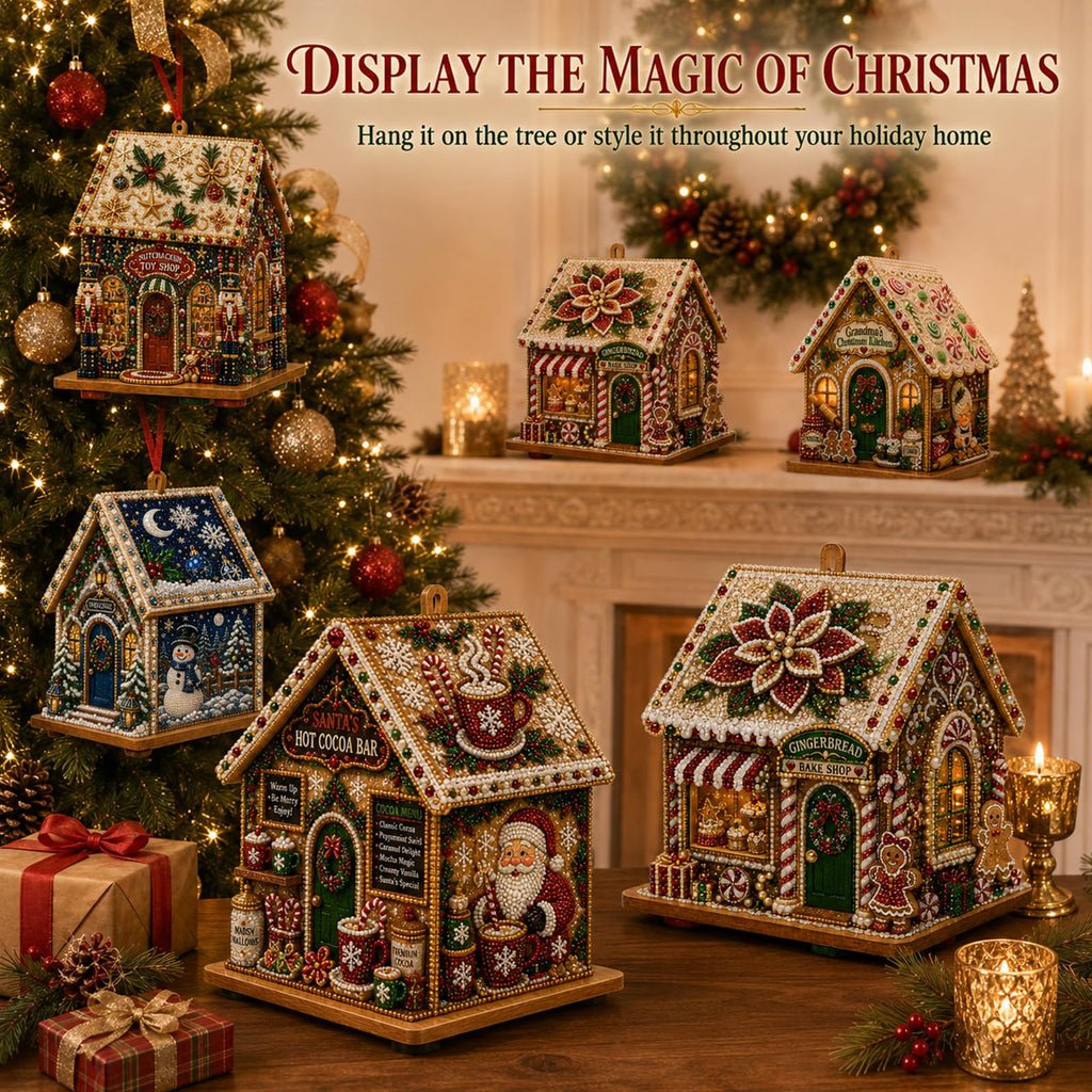 3D Christmas House Diamond Painting Kit for Adults, Wooden Pearl Art Craft
