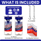 2 Fly Traps Outdoor Fly Trap for Patio with 4 Non-Toxic Dissolvable Bait Refills. Reusable Hanging Bug Catcher Killer for All Filth Flies for Outside Bug Control Yard Ranch. Hanging Chains Included.