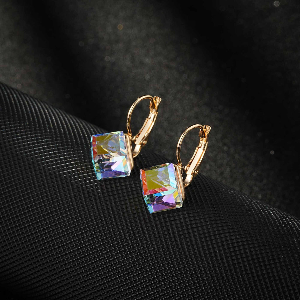 EVEVIC Austrian Crystal Cube Drop Leverback Earrings for Women