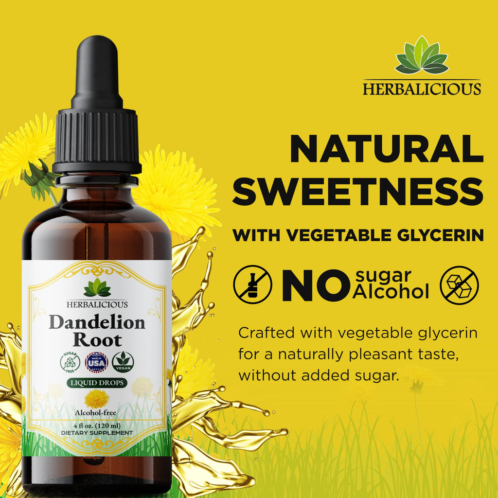 HERBALICIOUS Dandelion Root Extract Liquid Drops 4 oz (Alcohol Free) – Organic Dandelion Root Extract 650mg per Serving, Easy-to-Use Liquid Tincture with Vegetable Glycerin, 168 Servings
