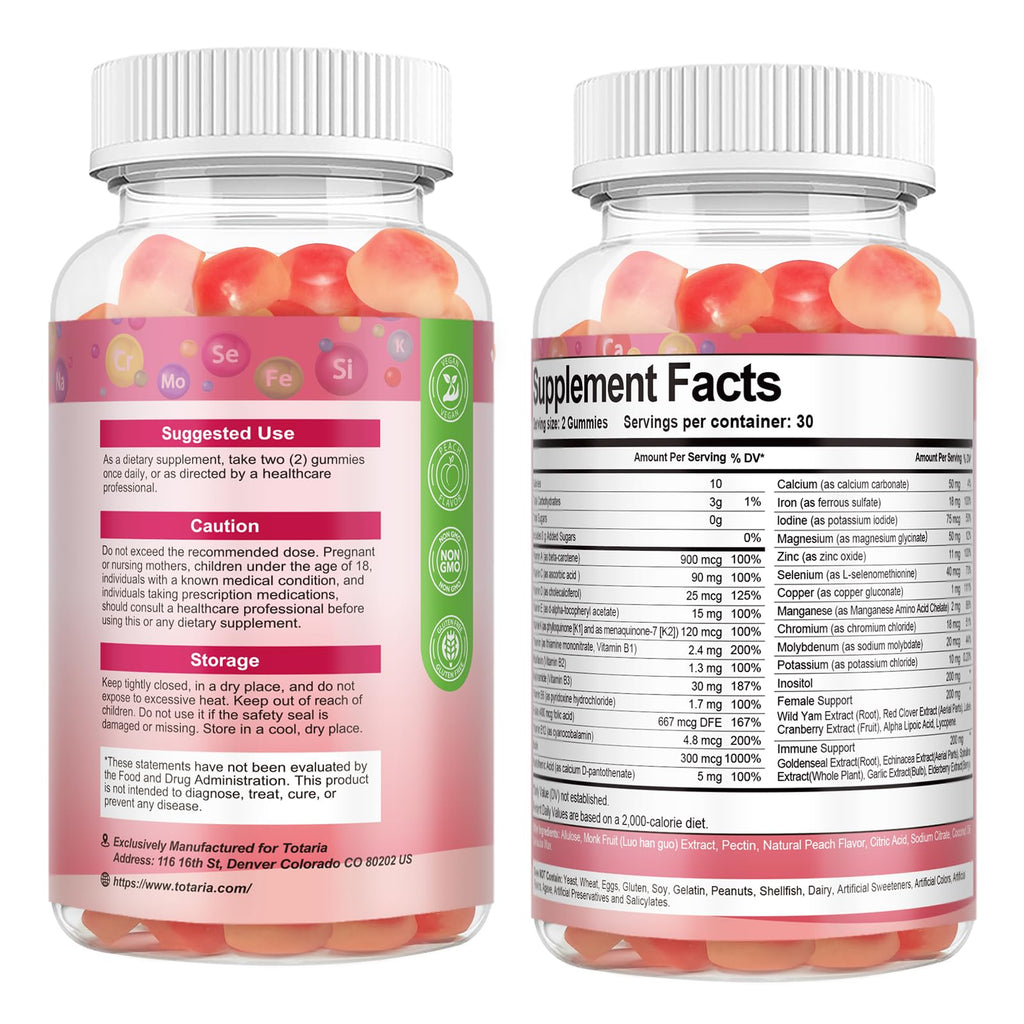 Totaria Sugar Free Multivitamin Gummies for Women 14+ w/Iron, Inositol, Folate, Biotin, Womens Daily Multivitamin Gummy w/Vitamin A, C, B, D3, K2, for Hair, Skin, Energy, Immune, Peach Flavor