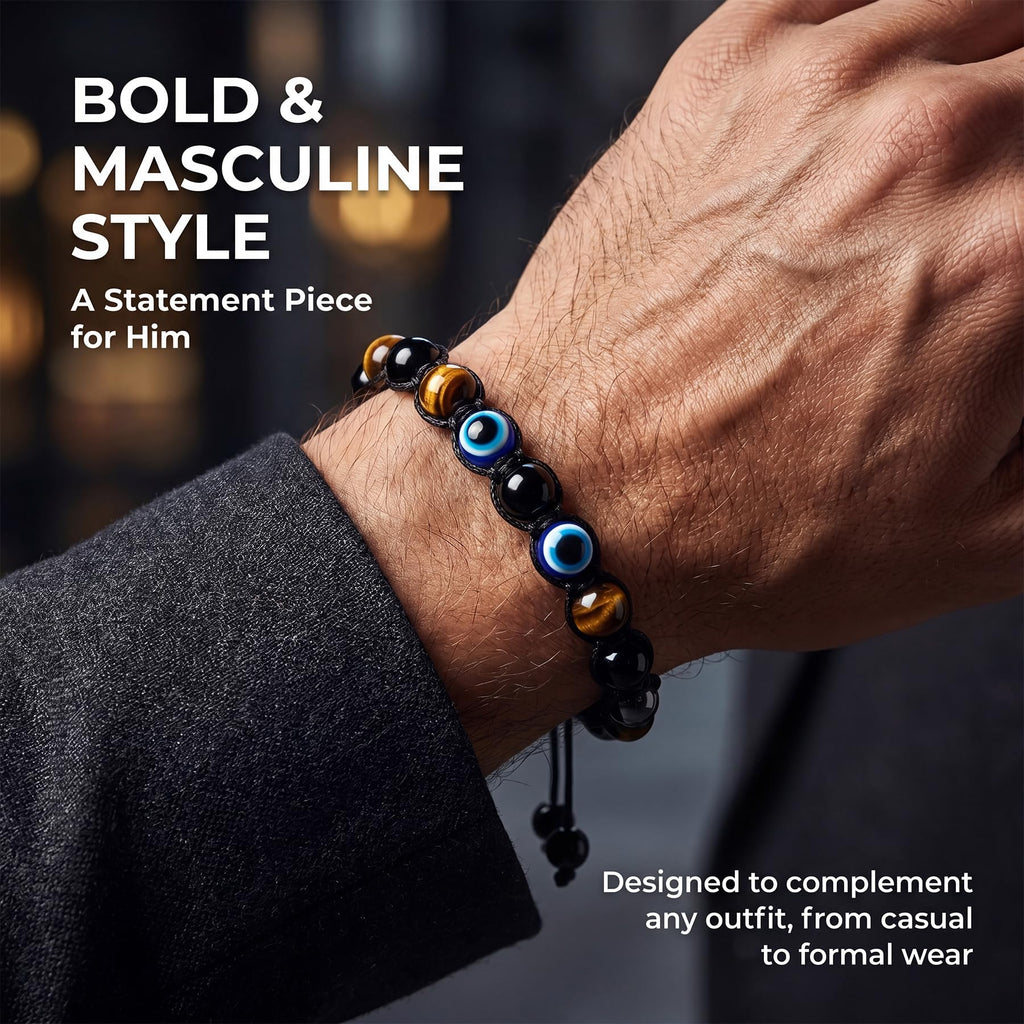 Evil Eye Bracelets for Mens Women,Mens Hematite Bracelets,Tiger Eye Bracelet for Men,Black Tourmaline Bracelet,Mens Beaded Jewelry