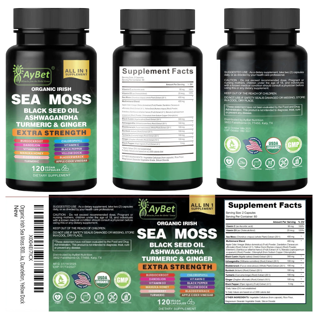 Organic Irish Sea Moss Capsules 120 Count –16 in 1 Sea Moss Supplement with Black Seed Oil, Ashwagandha, Turmeric & Ginger, Bladderwrack & Burdock Root, Vitamin D3 –Organic, Vegan, Halal, Non-GMO