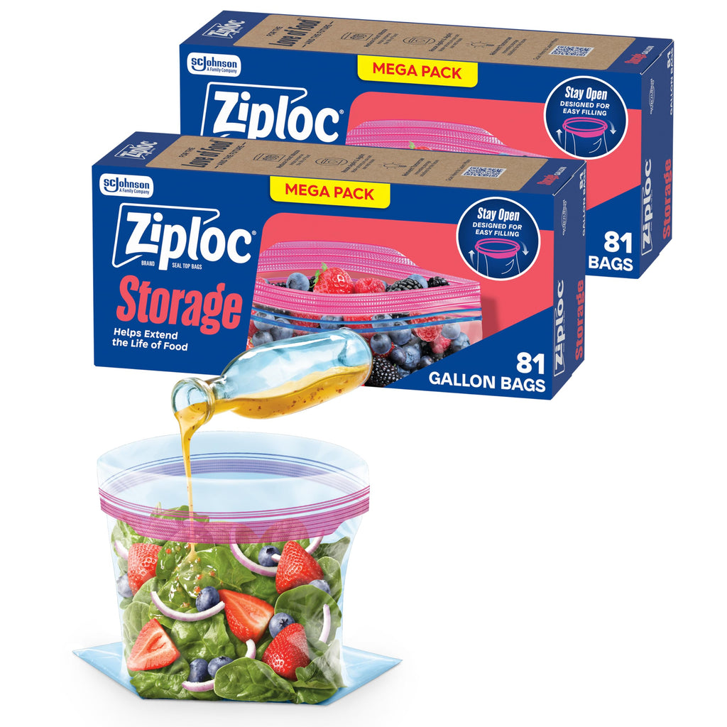 Ziploc Gallon Food Storage Bags, Stay Open Design with Stand-Up Bottom, Easy to Fill, 162 Count