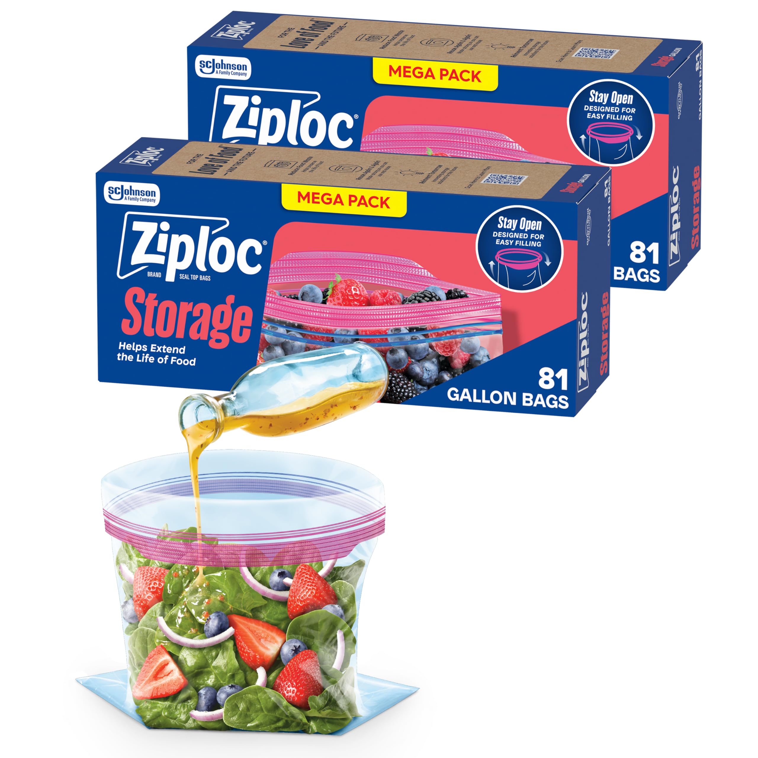Ziploc Gallon Food Storage Bags, Stay Open Design with Stand-Up Bottom, Easy to Fill, 162 Count