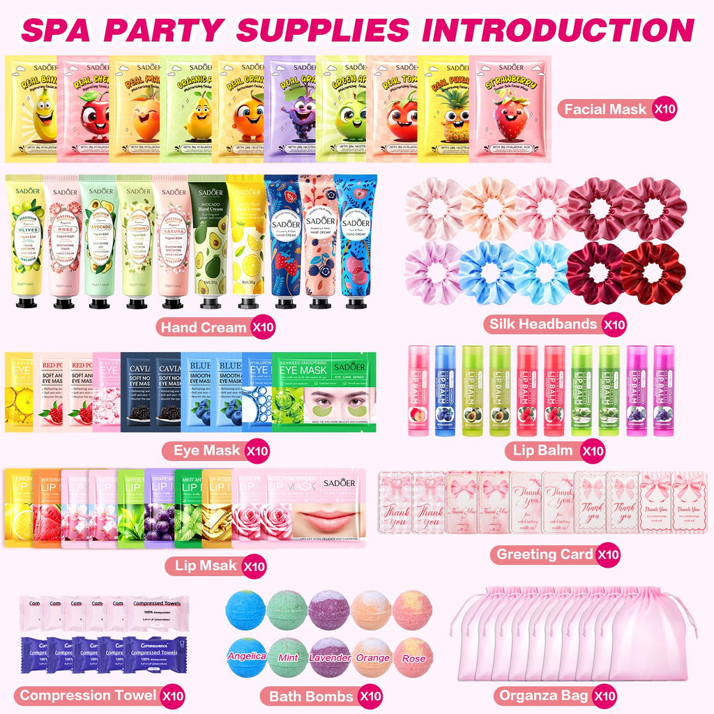 100 PCS Spa Party Supplies for Girls , Spa Party Favors Include Face Masks Skincare, Hand Cream, Lip Balm, Under Eye Patches, Lip Mask and Foot Bath Bombs, Spa Birthday Sleepover Party Supplies