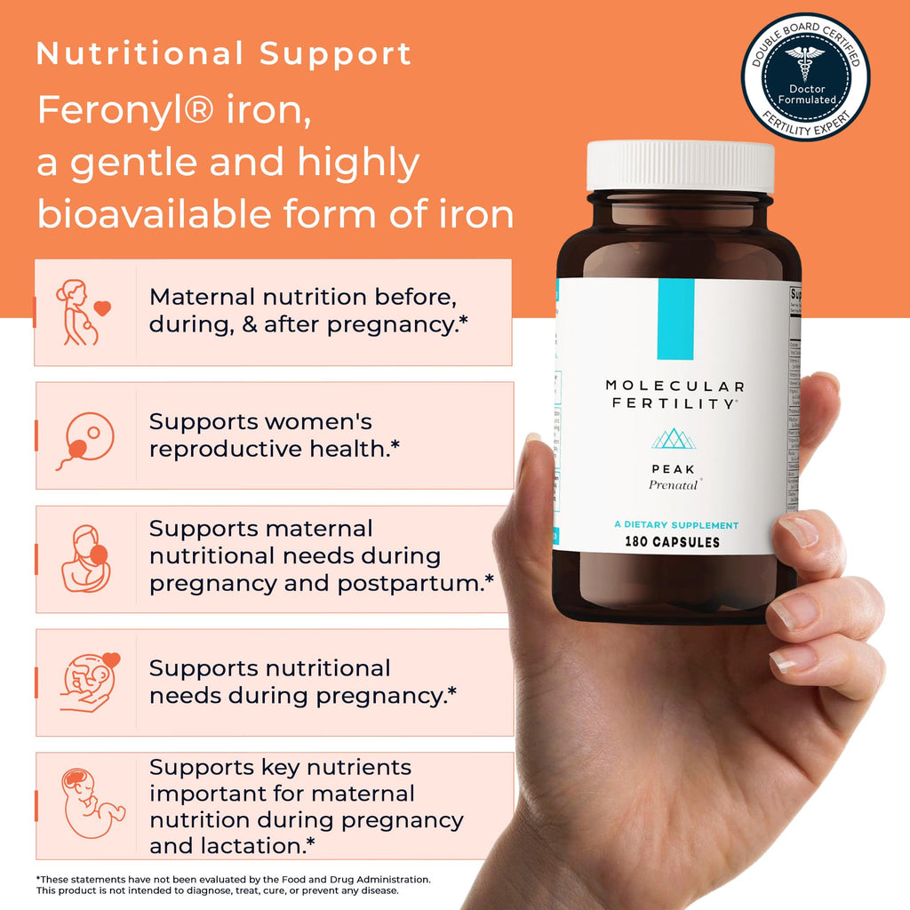 Molecular Fertility Peak Prenatal - Doctor Formulated Prenatal Vitamins for Women - Third Party Tested Fertility Supplement - Choline, Methylated Folate, Vitamin D, Iron, Probiotics - 30 Day Supply