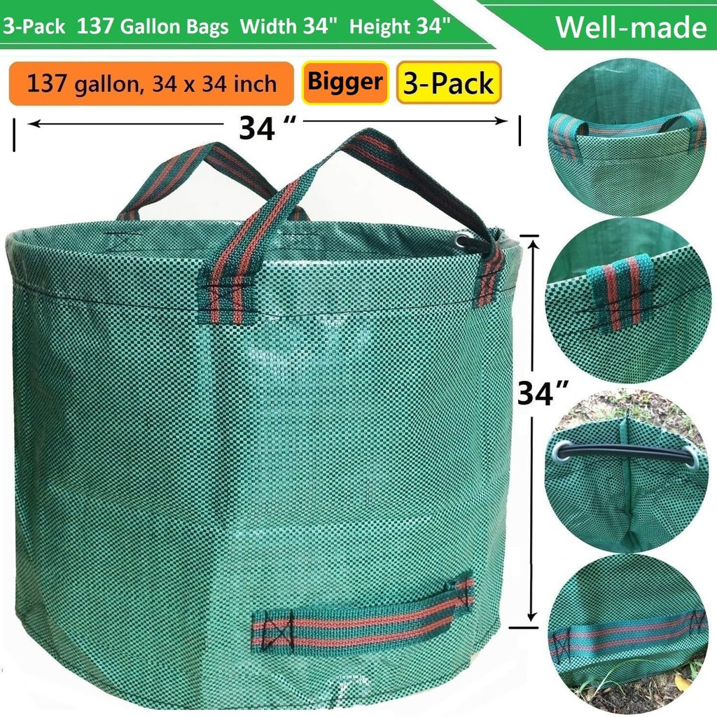 Professional 3-Pack 137 Gallon Extra Large Lawn Garden Bags (D34,H34 in) Reusable Yard Waste Bags with Gardening Gloves for Big Leaf Bag,Lawn Weeds,Grass Clippings Bag,Yard Debris Containers 4 Handles