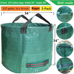 Professional 3-Pack 137 Gallon Extra Large Lawn Garden Bags (D34,H34 in) Reusable Yard Waste Bags with Gardening Gloves for Big Leaf Bag,Lawn Weeds,Grass Clippings Bag,Yard Debris Containers 4 Handles