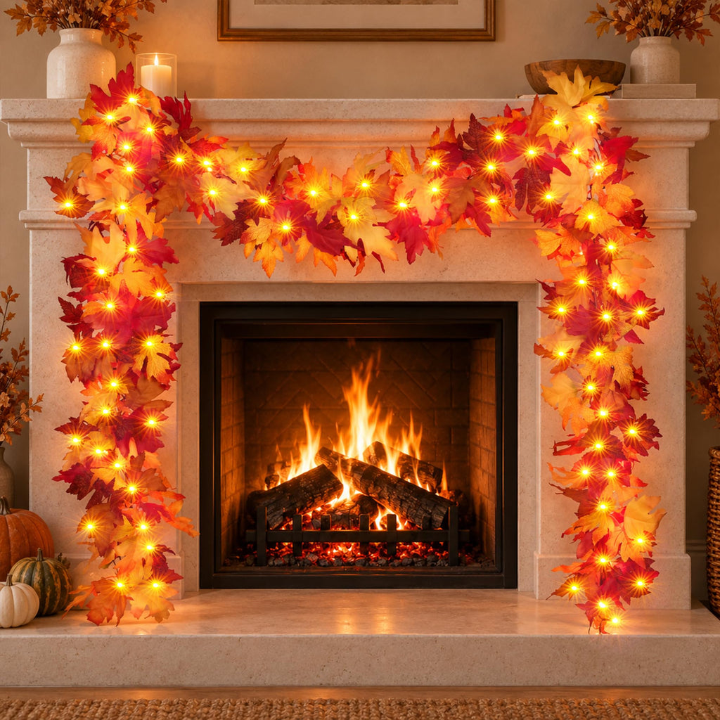 Fall Decorations for Home 9 FT Pre-lit Fall Garland with 50 LED Orange Lights, Auto Timer, 8 Lighting Modes, Waterproof Battery Operated Maple Leaf Garland for Fall Halloween Thanksgiving Decorarions