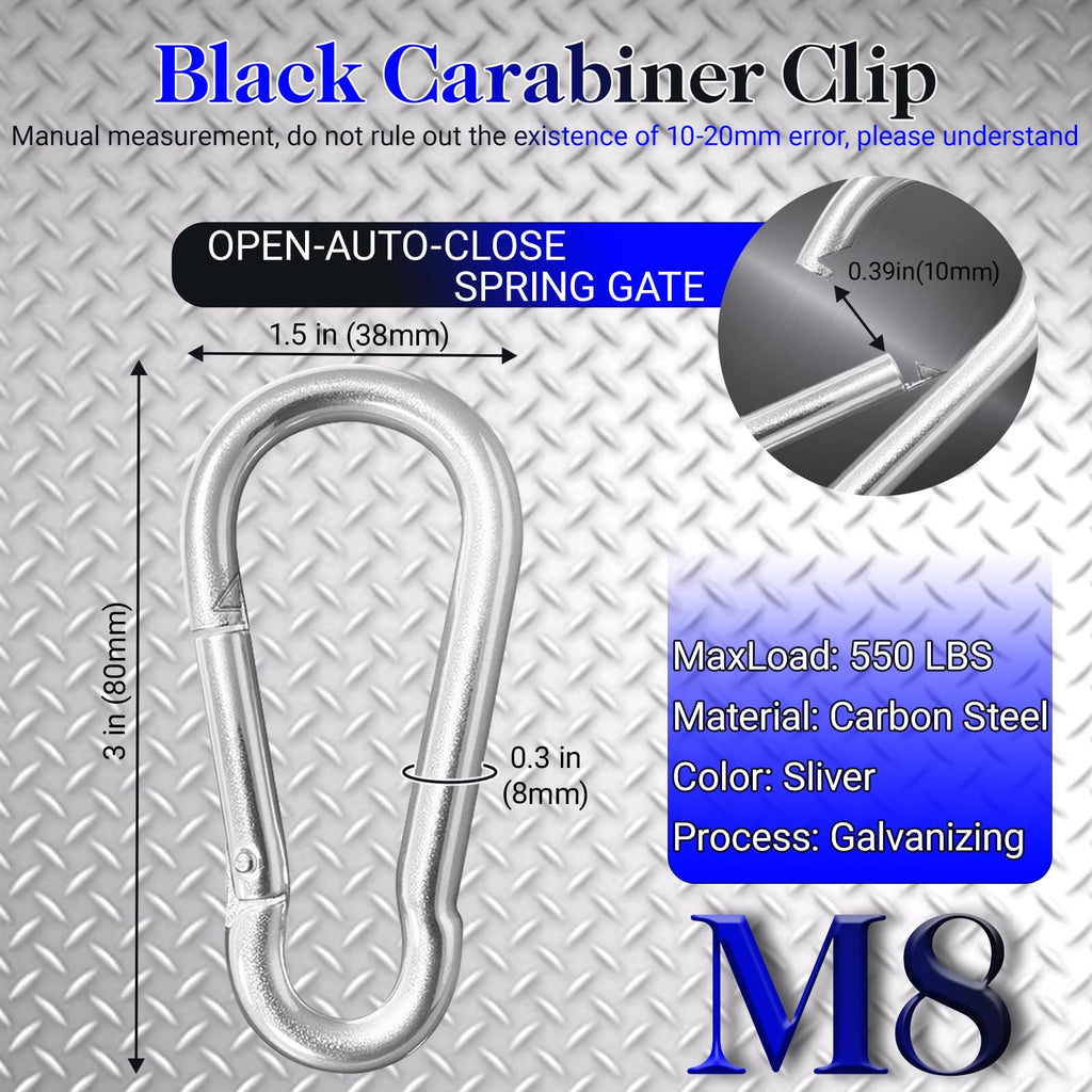 30 Pack 3" Heavy Duty Carabiner Clips, M8 Sliver Galvanized Steel Spring Snap Hooks, Rust-Resistant Keychain Clips for Hammock, Camping, Hiking, Fishing, Swing Set