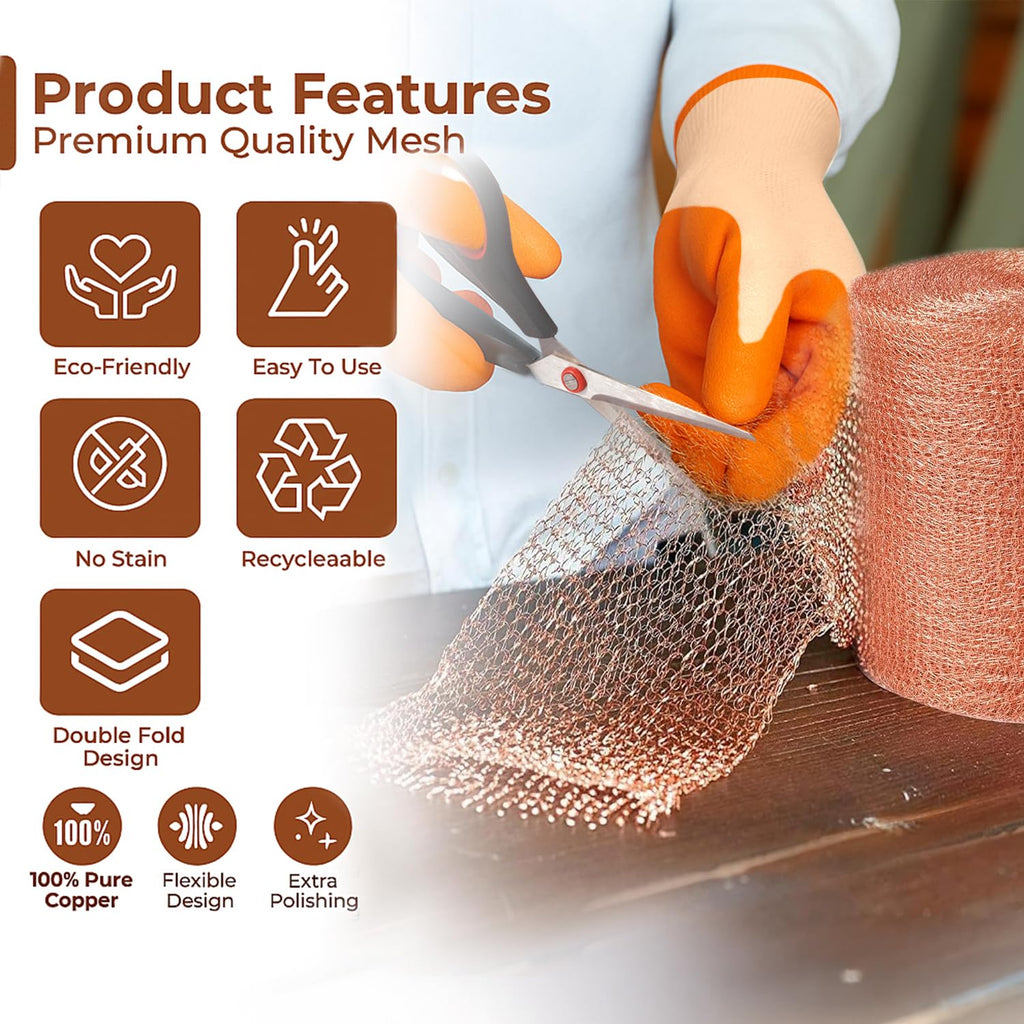 Copper Mesh Rodent Control Roll, 5 in x 202 ft, with Scissors and Gloves