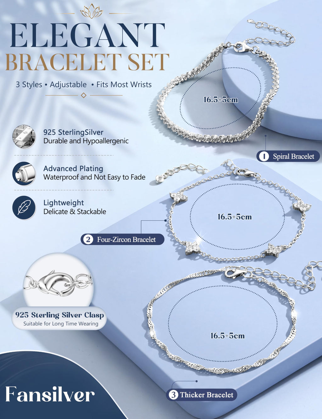 Fansilver 3 Pcs Sterling Silver Bracelets for Women Trendy Stackable Bracelet Set Adjustable Bracelet 925 Sterling Silver Link Chain Cubic Zirconia Bracelets Waterproof Jewelry Set