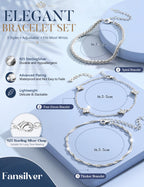 Fansilver 3 Pcs Sterling Silver Bracelets for Women Trendy Stackable Bracelet Set Adjustable Bracelet 925 Sterling Silver Link Chain Cubic Zirconia Bracelets Waterproof Jewelry Set