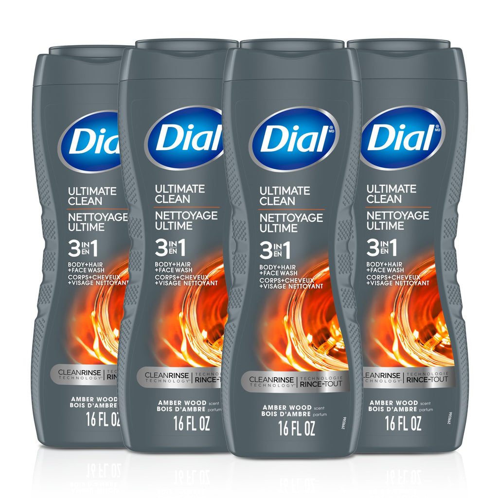 Dial Men 3 in 1 Body, Hair and Face Wash, Ultimate Clean, 16 Fl Oz, Pack of 4, Amber Woods Scent, Cleanses Deep + Gentle on Skin with Clean Rinse Technology
