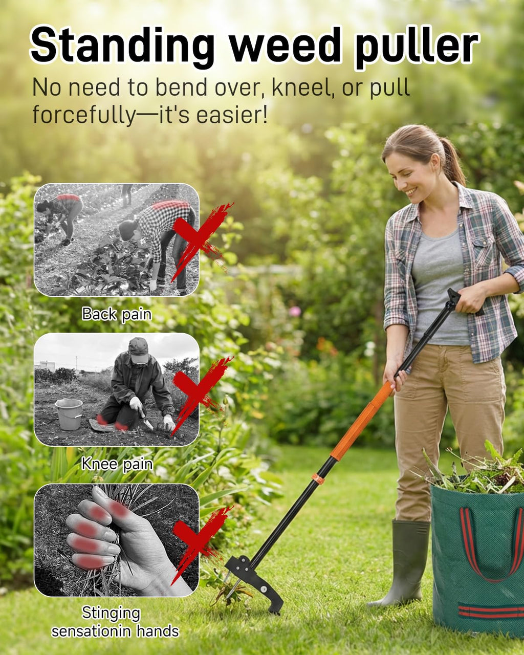 HAUSPROFI Stand Up Weed Puller Tool with 36-46 Inch Adjustable Long Handle and 50L Garden Bag, Heavy Duty 4-Claw Stainless Steel Weed Remover Tool with Automatic Rebound Design for Deep Roots