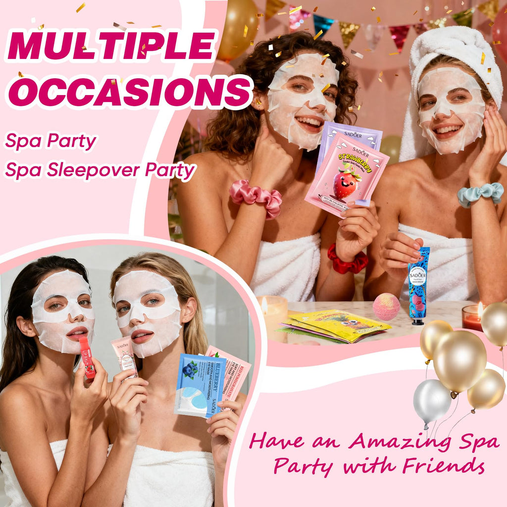 100 PCS Spa Party Supplies for Girls , Spa Party Favors Include Face Masks Skincare, Hand Cream, Lip Balm, Under Eye Patches, Lip Mask and Foot Bath Bombs, Spa Birthday Sleepover Party Supplies