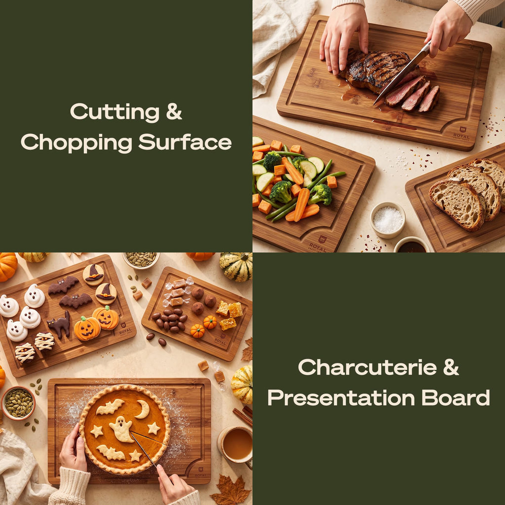ROYAL CRAFT WOOD Wooden Cutting Boards for Kitchen Appliances - Non Toxic Bamboo Wood Cutting Board Set with Deep Juice Groove, Side Handles, Charcuterie & Butcher Block for Meat, Meal Prep & Serving