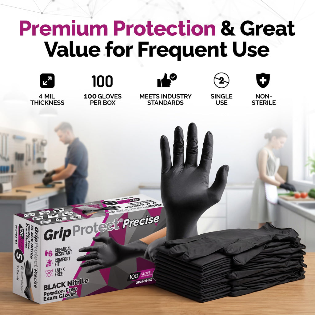 GripProtect Precise Black Nitrile Gloves 4 Mil, Chemical Resistant Gloves