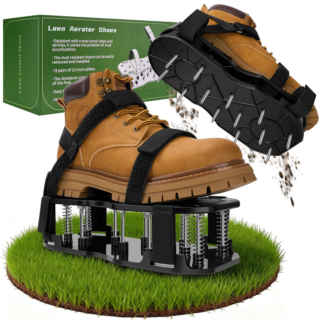DWAEEGG Lawn Aerator Shoes, Pre-Installed Two-Layer Spike Aerator Shoes Tool with Hook-and-Loop Adjustable Straps, Durable and Self-Cleaning for Patio Garden Soil and Plat Grassland
