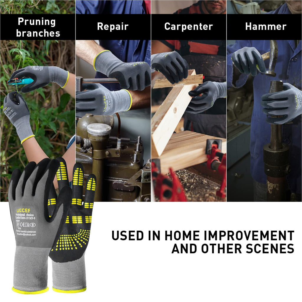 LOCCEF Endurance Knit Work Gloves MicroFoam Nitrile Coated-6 Pairs,Tacky Dot Grip, Multi Purpose,Micro-Foam Gloves(8-M)