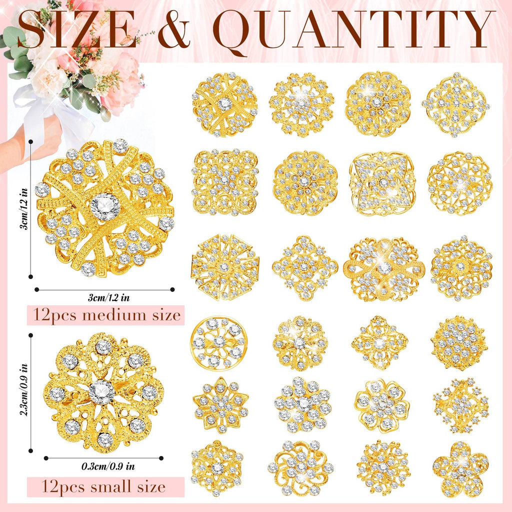 Kigeli 124 Pcs Rhinestone Bouquet Brooches Pins for Bridal Wedding,Gold