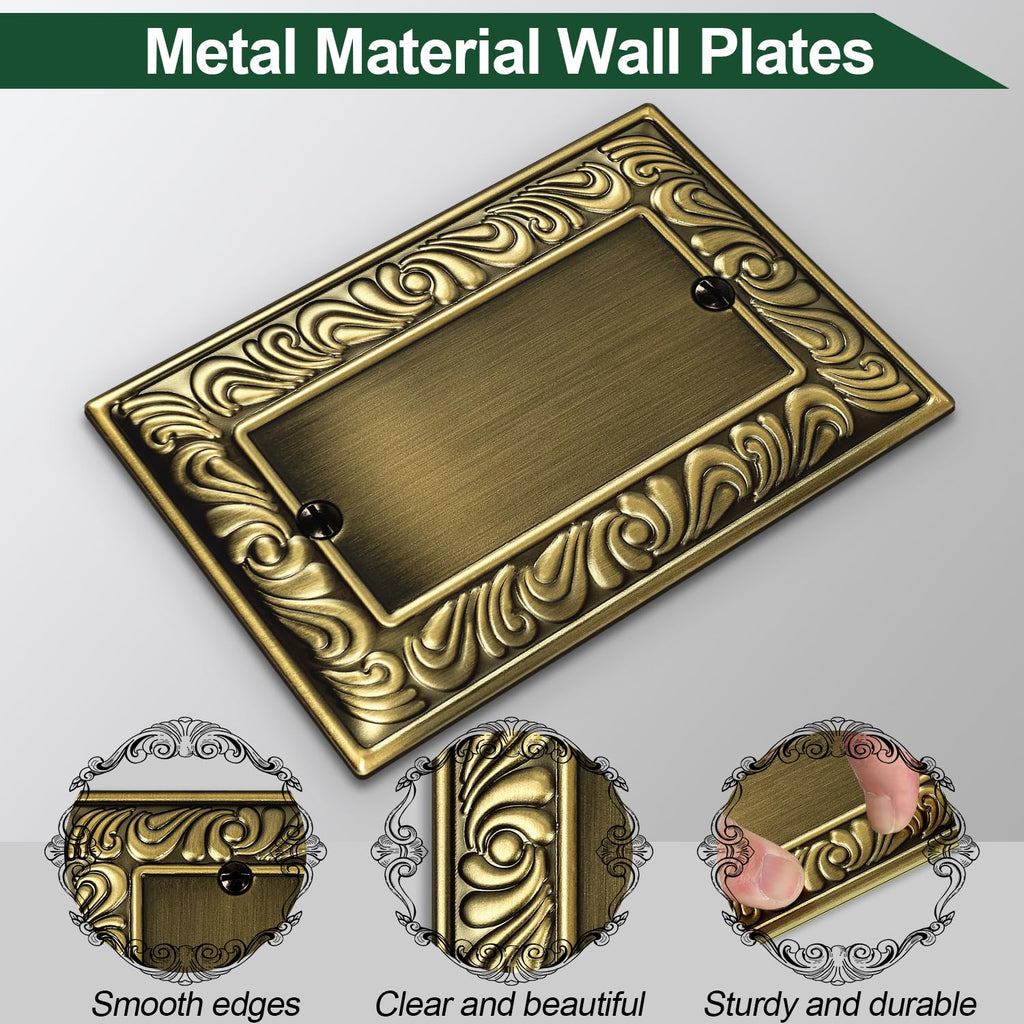 Antique Brass Decorative Wall Plate Light Switch Cover Decorator Outlet Covers Rocker Switch Plates Metal Material Wall Plates for Kitchen Bathroom (1 Gang Single Blank-6 Pack)