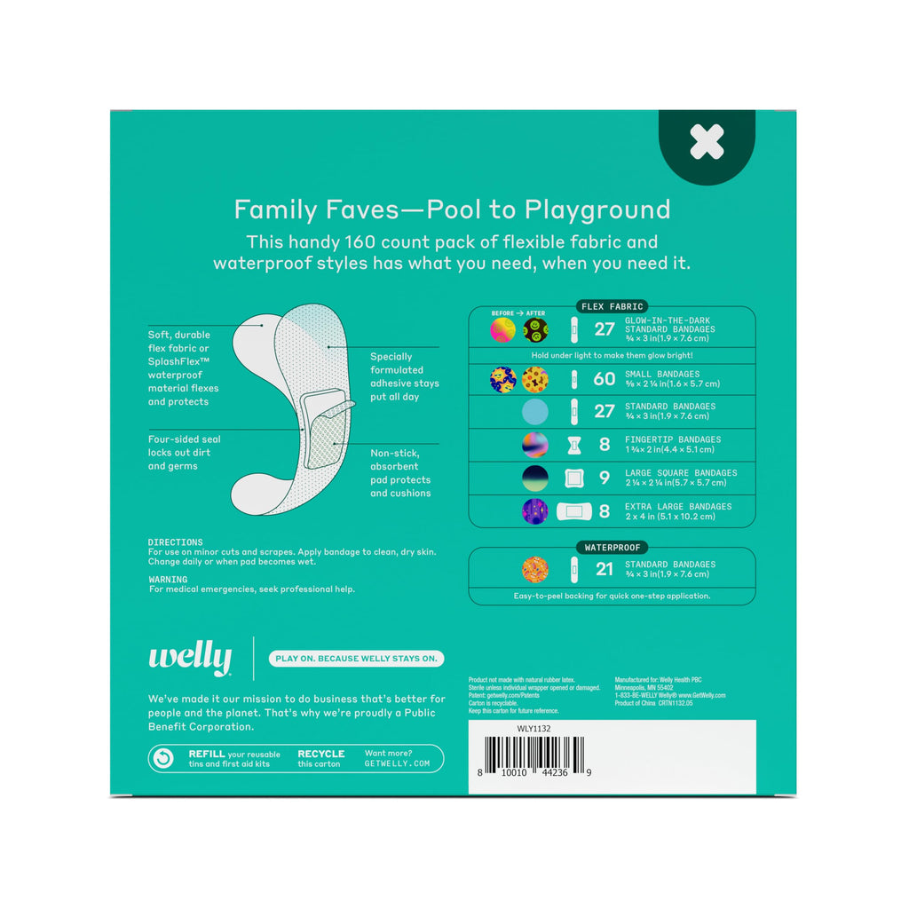 Welly Bandage Large Refill Pack | Adhesive Flexible Fabric, Glow-in-the-Dark & Waterproof Bandages | Assorted Shapes and Patterns for Minor Cuts, Scrapes, and Wounds - 160 Count