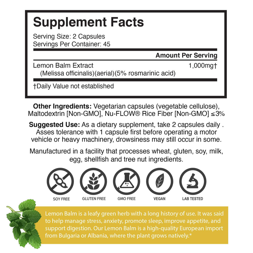 Brain Forza Lemon Balm R5 Extract Capsules - Standardized Extract 5% Rosmarinic Acid, 90 Capsules