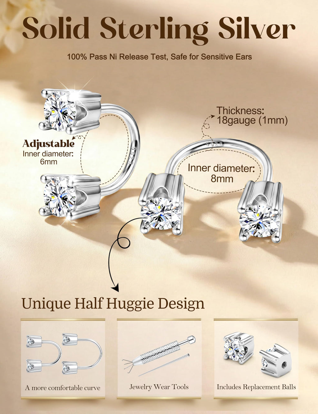 Kakonia S925 Sterling Silver Double Half Huggie Earrings for Women S CZ