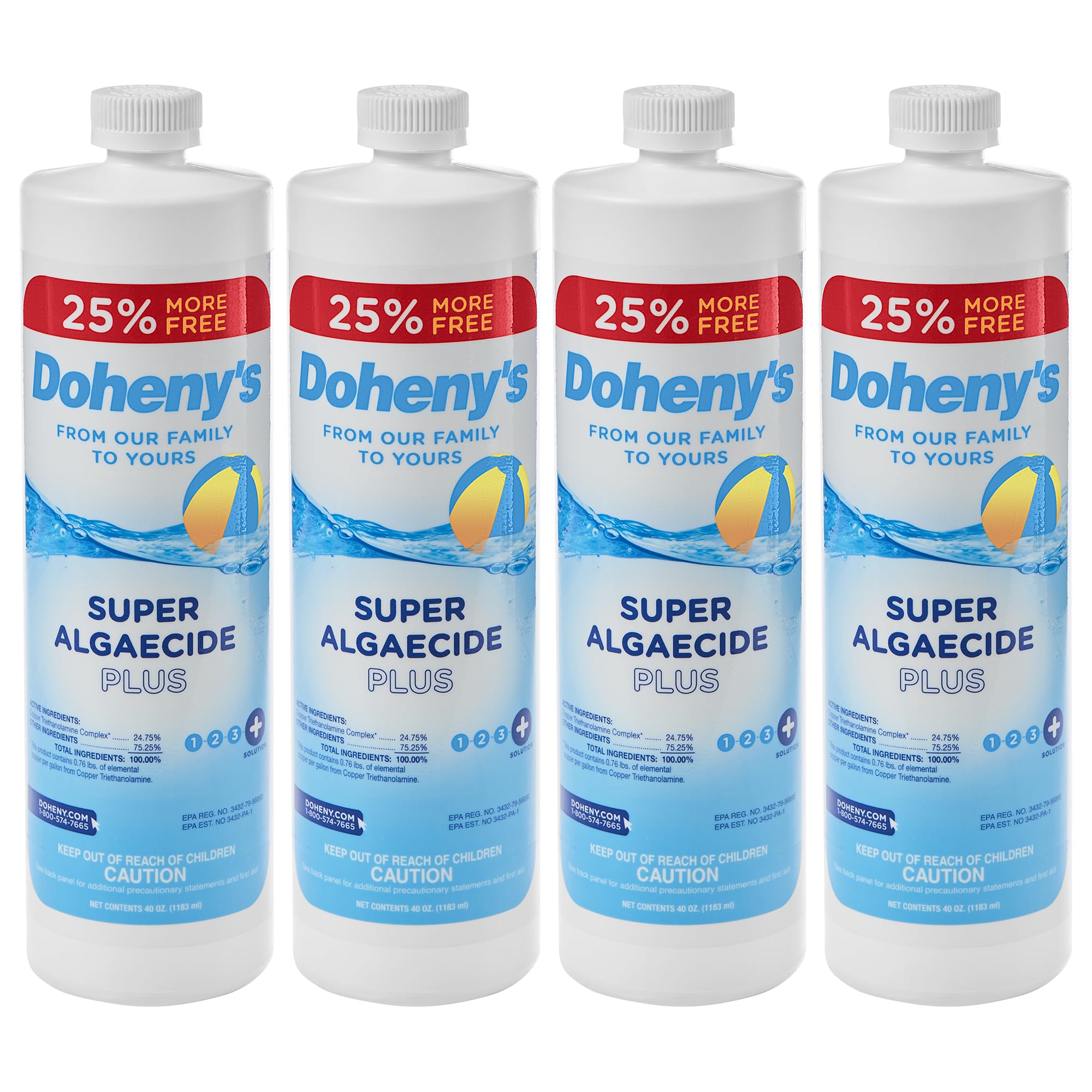 Doheny's Super Algaecide Plus | Pro-Grade | Effective Against Most Algae Types | 7.1% Chelated Copper (Reduces Staining) | Non-Foaming, No Clouding | Safe to Swim After Use | 4 x 40oz Bottles (160oz)