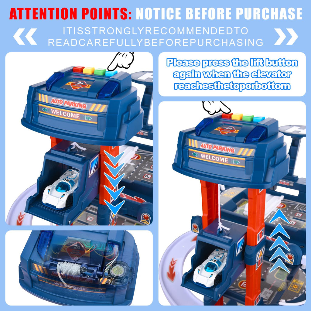 DUYOYU City Ultimate Garage Track Set with Electric Elevator, Upgrade 5 Levels Toy Car Garage with 5 Die-Cast Toy Cars & 1 Helicopter