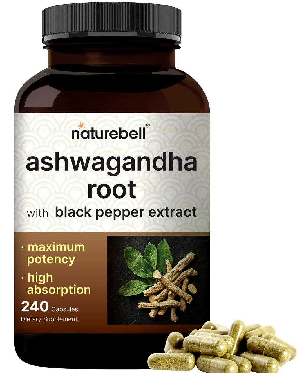NatureBell Ashwagandha Root with Black Pepper Extract - 240 Capsules - High Strength Adaptogen for Calmness, Relaxation & Immune Support*