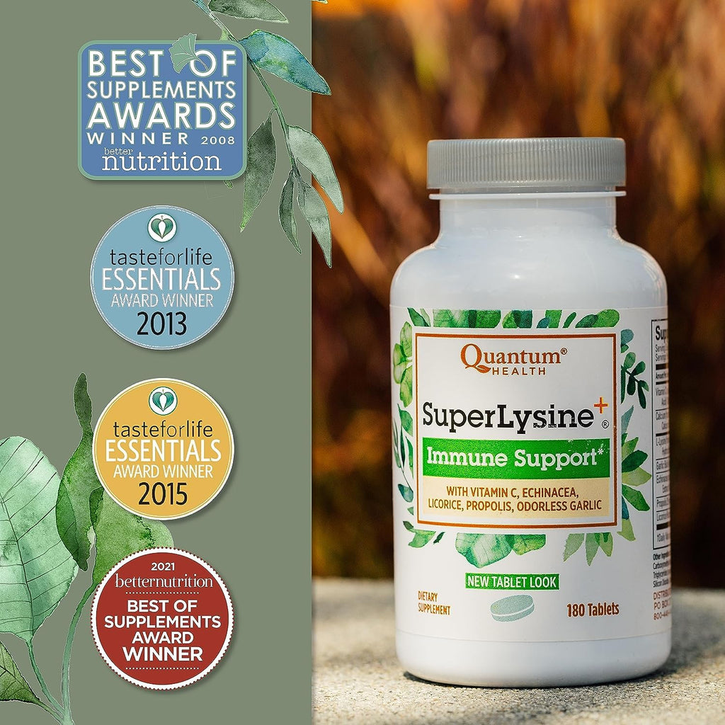 Quantum Health SuperLysine+ Advanced Formula Immune Support Supplement Lysine 1500 mg, Vitamin C Echinacea Licorice Bee Propolis & Odorless Garlic - 180 Tablets (Pack of 2)