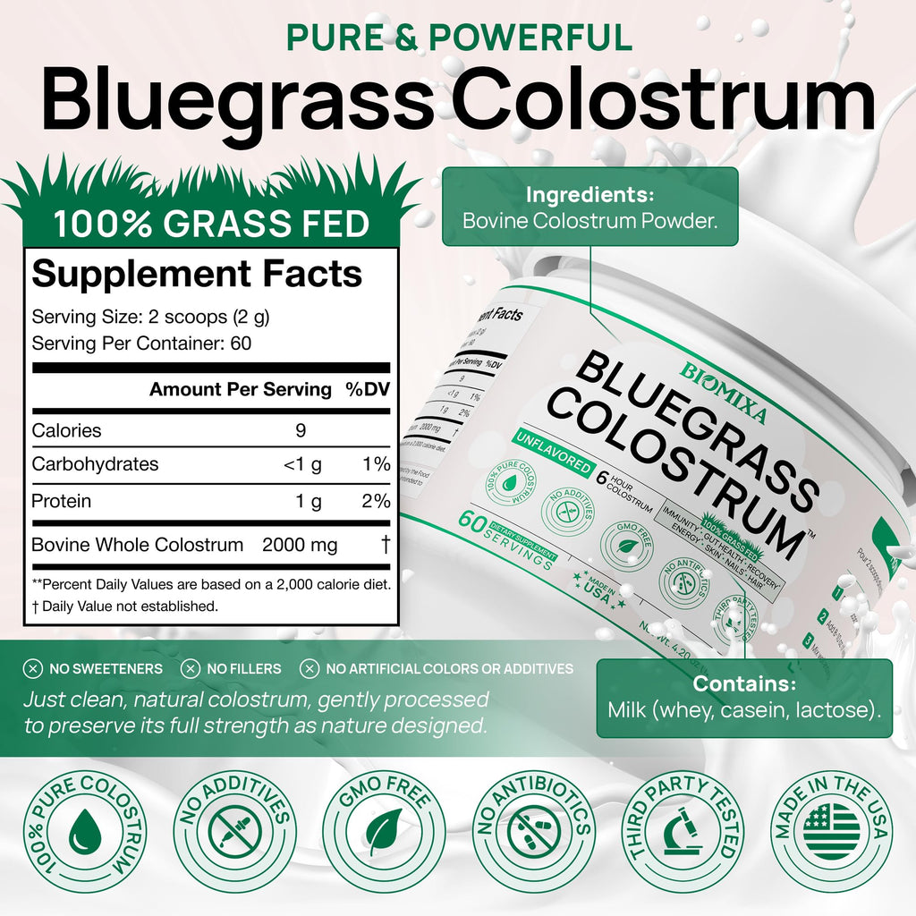 Bovine Colostrum Supplement - 100% Pure Whole Colostrum Powder - Grass-Fed, Unflavored, No Additives, Gut & Immune Support, Natural IgG, 60 Servings - Made in USA