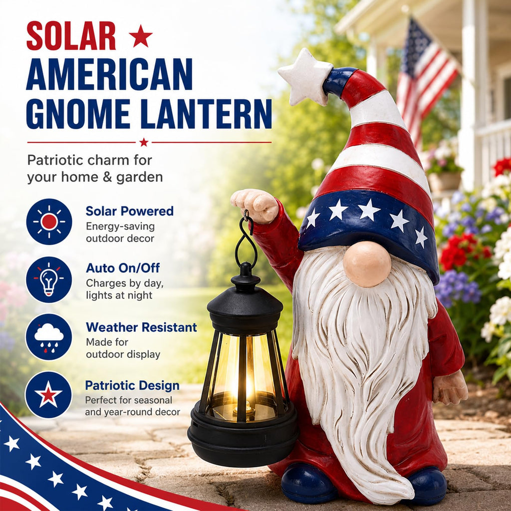 Solar Patriotic Gnome Garden Decor,9.4" Independence Day Garden Statues