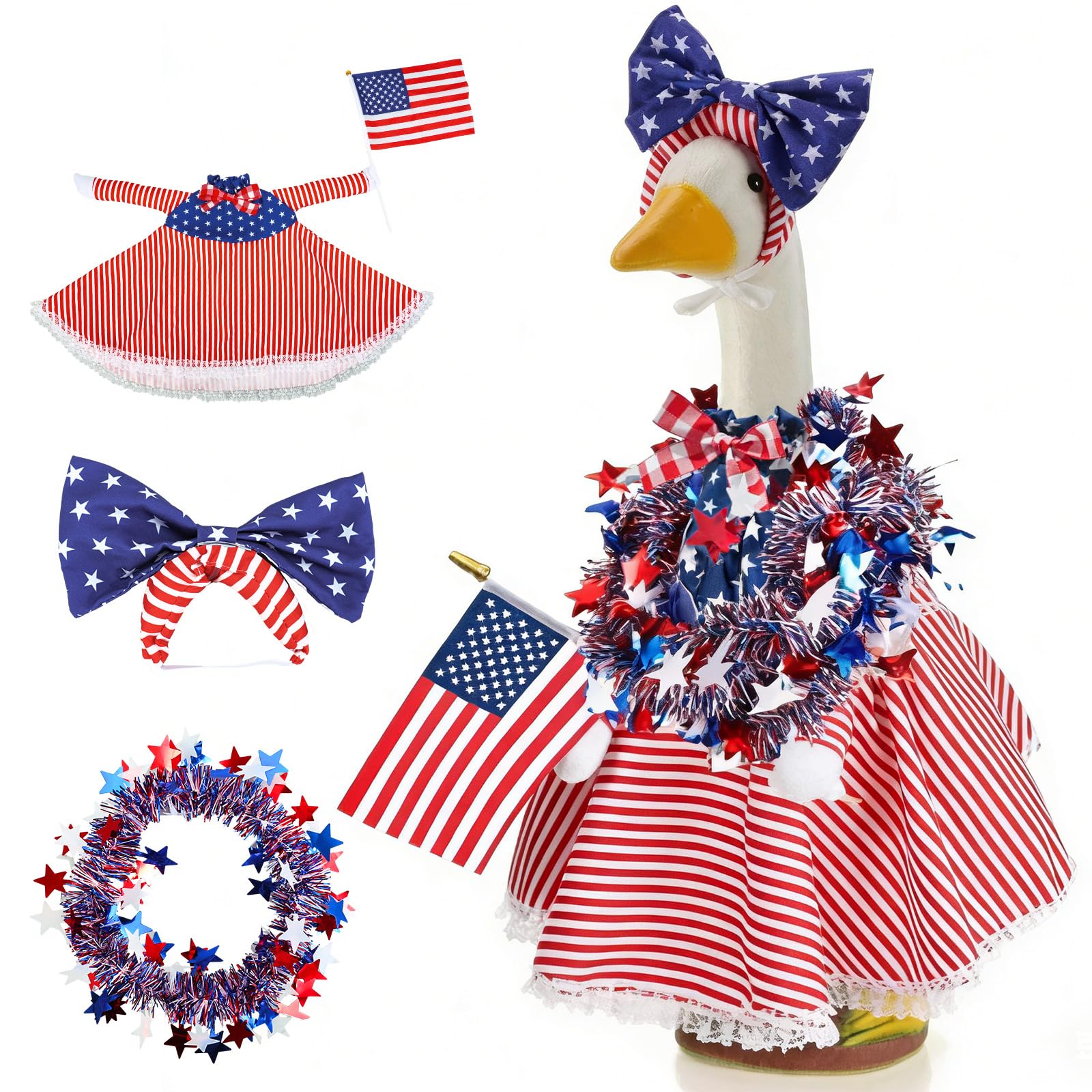 AnyDesign Patriotic 4th of July Porch Goose Outfit, Red Blue American Flag