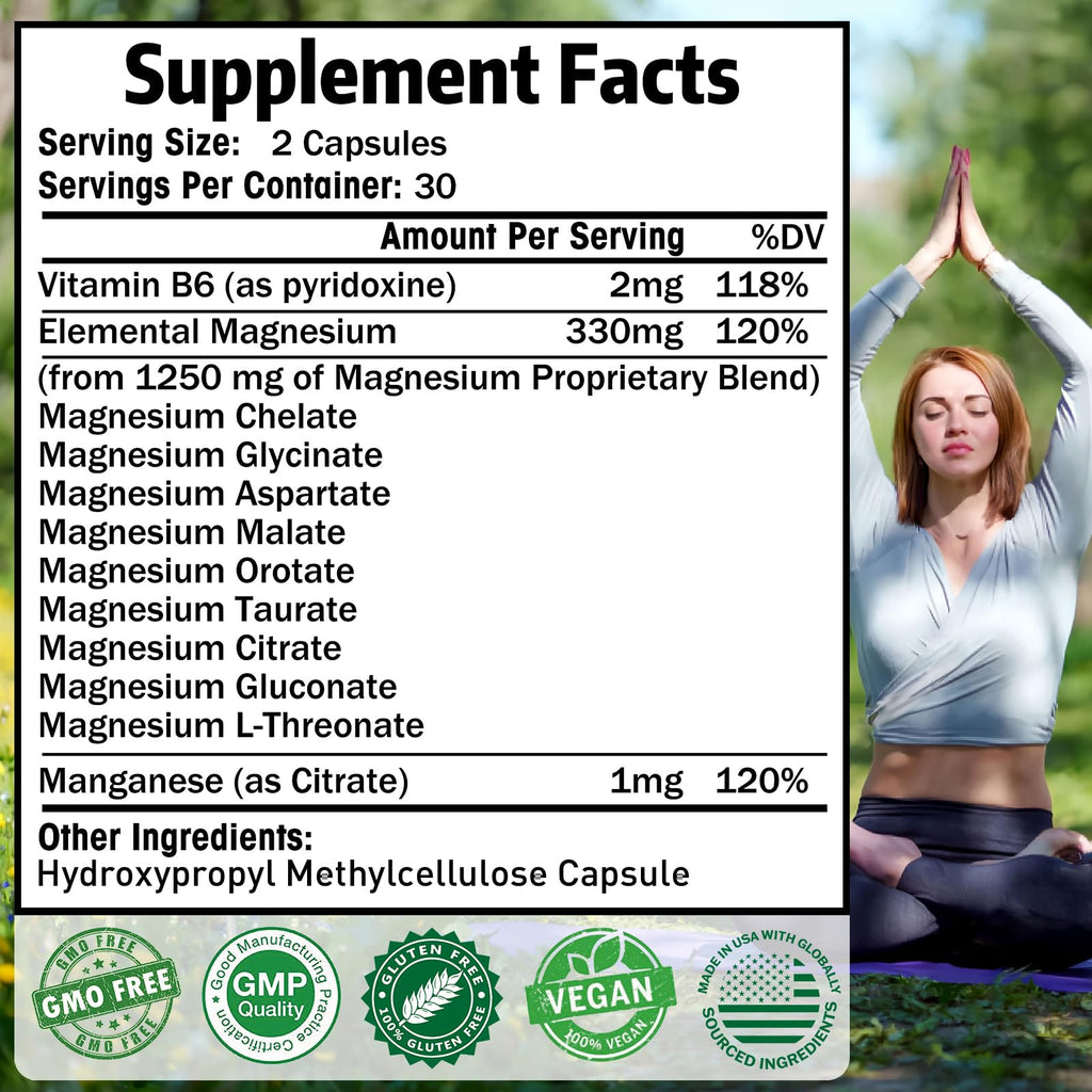 Magnesium Supplement with 9 Forms of High Absorption Magnesium Glycinate, L-threonate, Citrate, Malate and More for Muscle, Brain Support, Non-GMO, Gluten & Soy Free, 60 Capsules