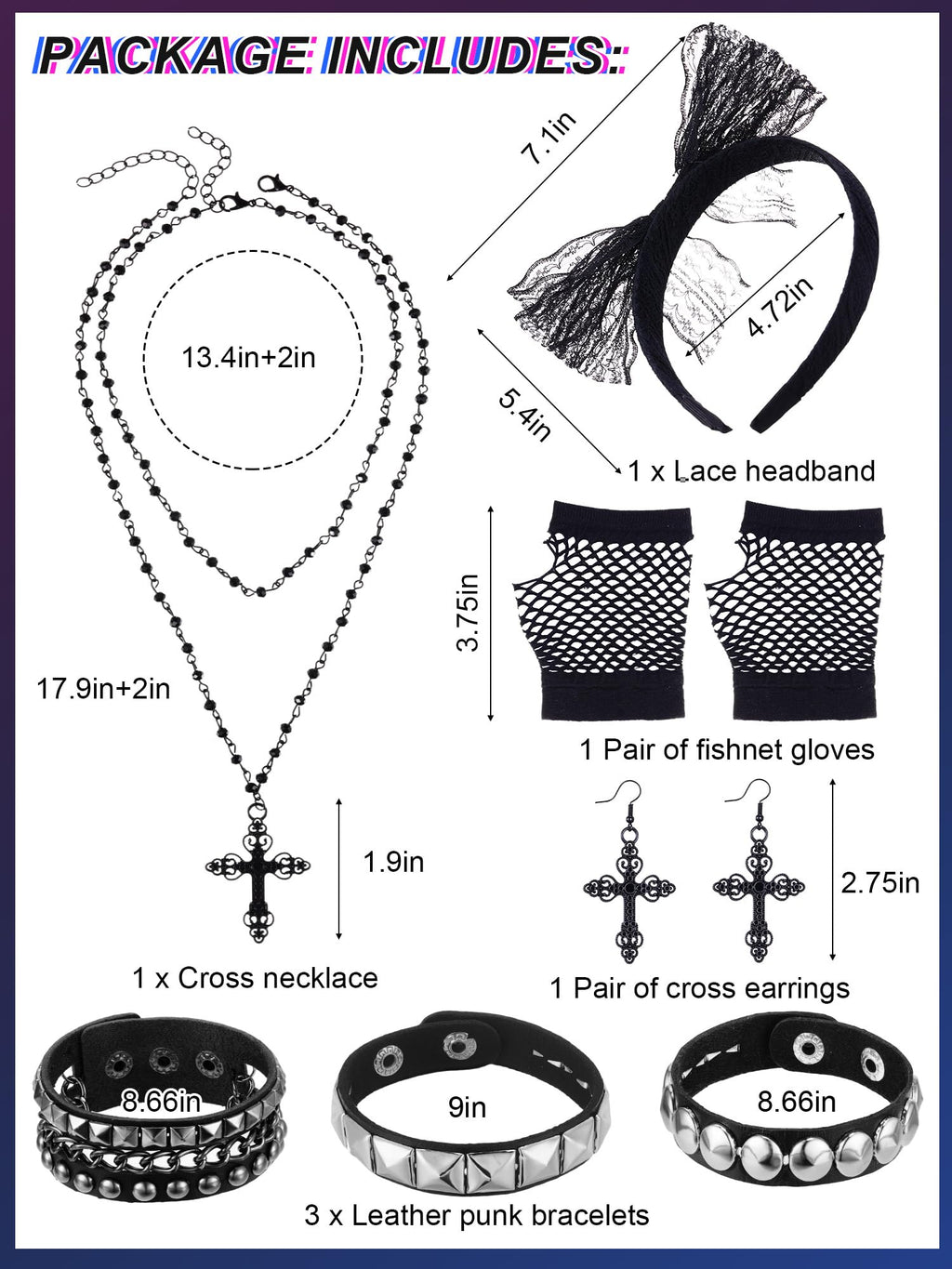 Ecation 7 Pcs 80s Women Costume Accessories Halloween Leather Punk Bracelet Black Cross Necklace Lace Headband Fishnet Glove(Classic Style)