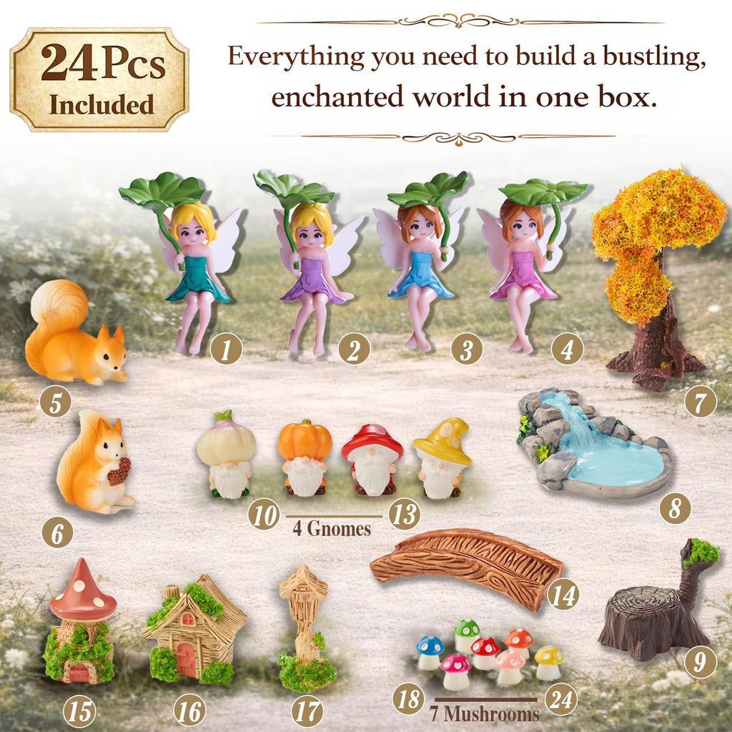 Nashibowu 24Pcs Mini Fairy Garden Accessories DIY Kit - Miniature Gnomes & Tiny Fairies House Set, Resin Animals, Bridge, Mini Pond & Mushrooms Figurines for Terrarium Micro-Landscaping